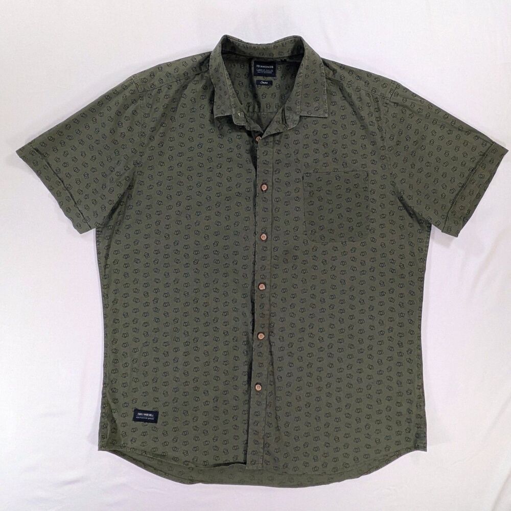 7 Diamonds 4 Way Stretch Shirt Men Large Geometric Green Short Sleeve Preppy